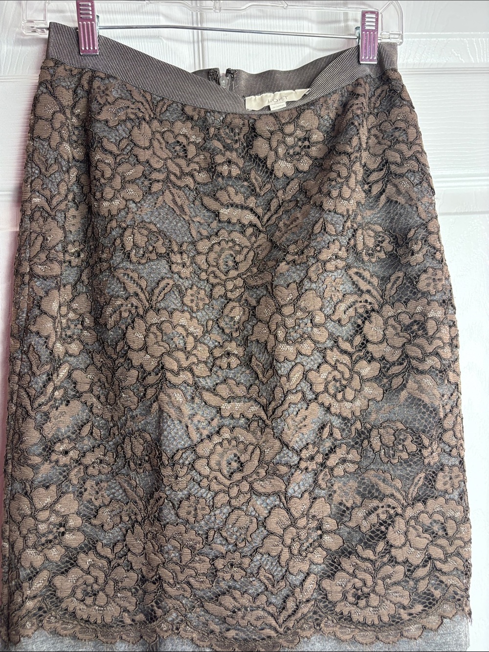 LOFT Taupe Lined Pencil Skirt with Black Floral Lace